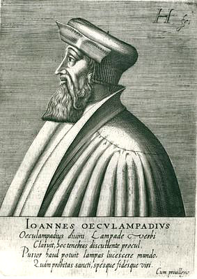 Ökolampad, Johannes<br>1482-1531<br>Reformator, Kupferstich von Hondius