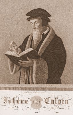 Johann Calvin<br />Kupferstich nach Hans Holbein gez. von  E. Cauer, 19. Jh.