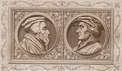 Johannes Calvin und Huldreich Zwingli<br />Lithographie, 1874