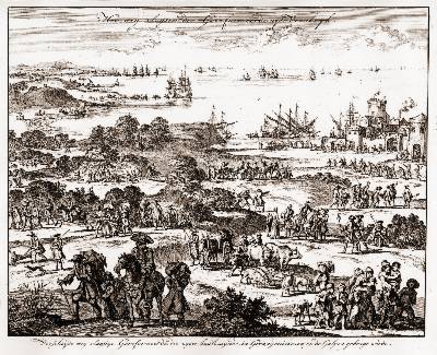 Flucht der Reformierten aus Frankreich<br />Kupferstich 1696<br />Jan Luiken