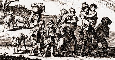 Flucht der Reformierten aus Frankreich<br />Ausschnitt aus dem vorhergehenden Kupferstich 1696 von Jan Luiken