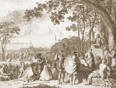 Heckenpredigt bei Antwerpen<br />Radierung um 1680<br /> Jan Luyken 